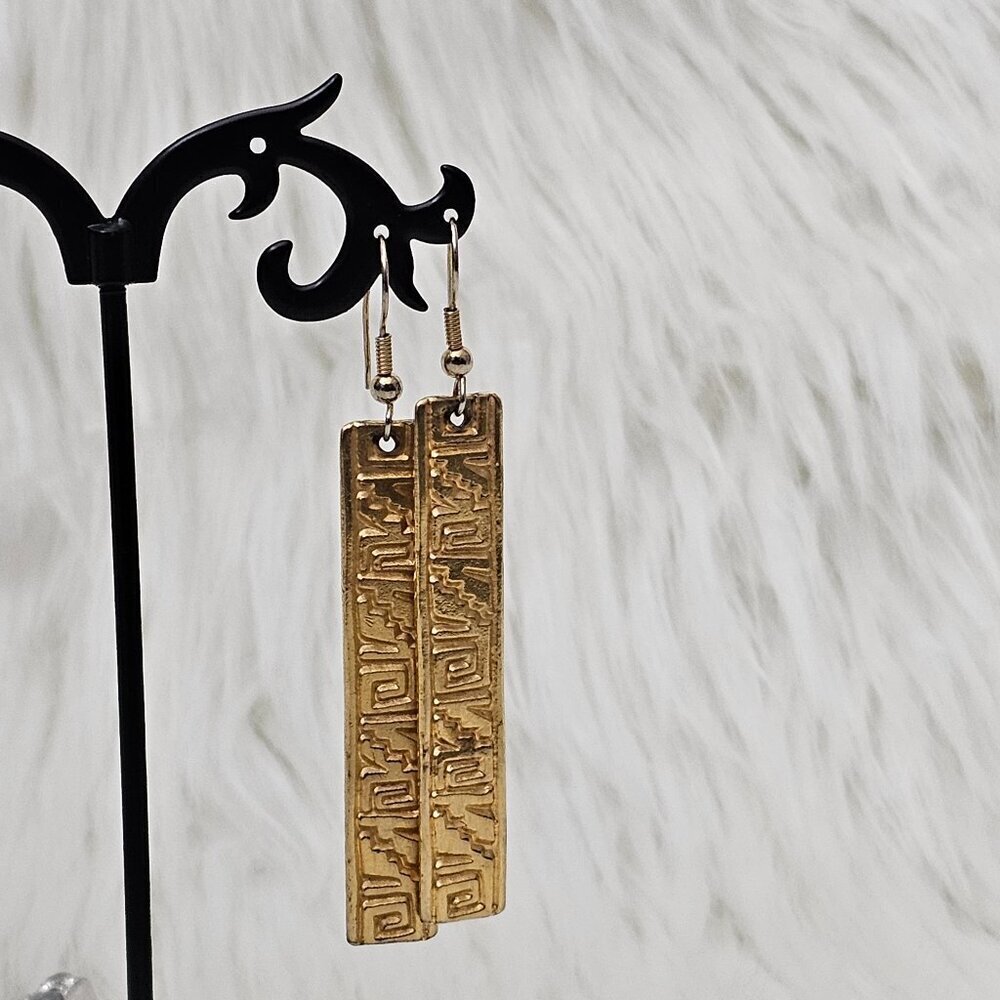 Gabriel Vintage Gold Tone Rectangle Embossed Ethnic Dangle Stamped Earrings